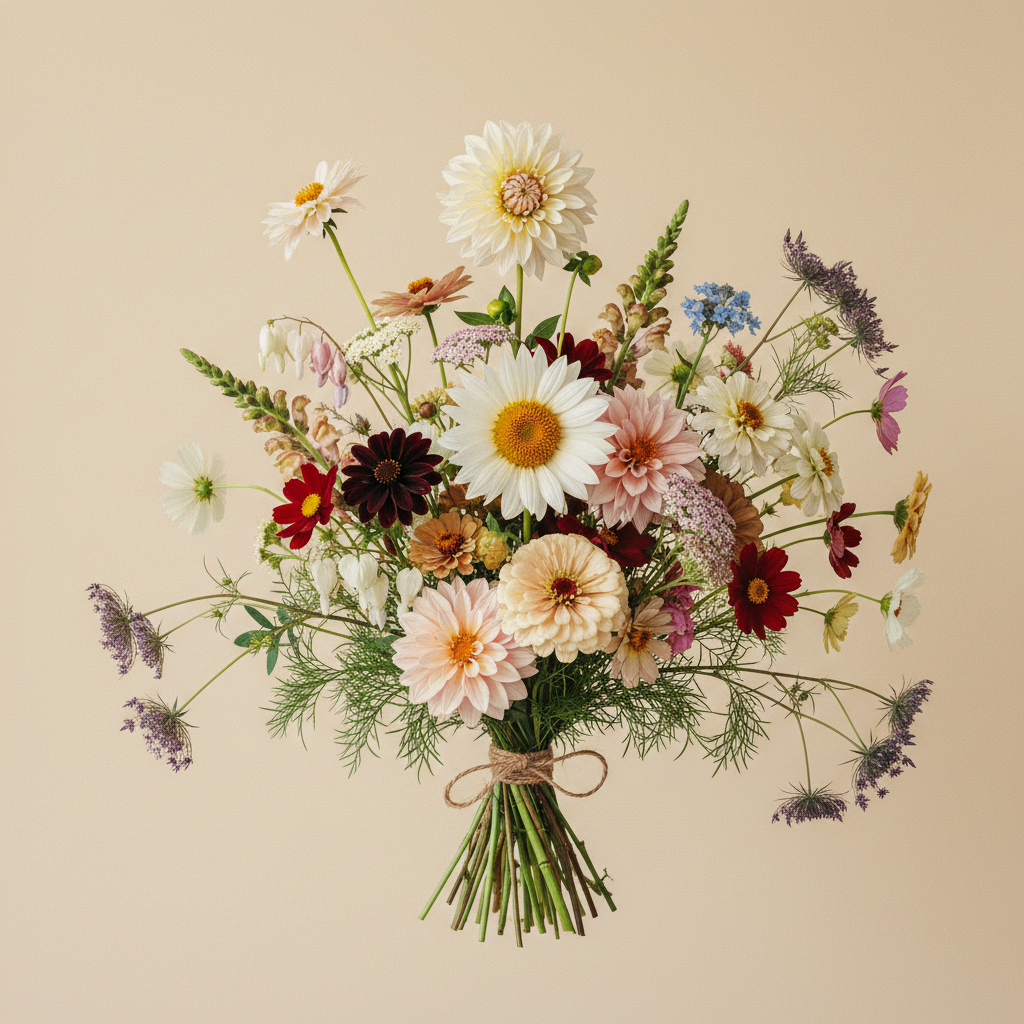 Bukett med dahlia, solros, zinnia – handbunden svensk sommarbukett