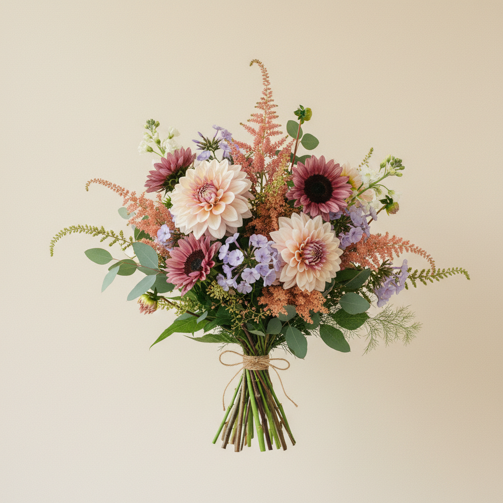 En bukett på 4 blommor med Dahlia 'Strawberry Cream', Höstflox 'Sherbet Blend', Solros 'ProCut Plum F1' (frö).