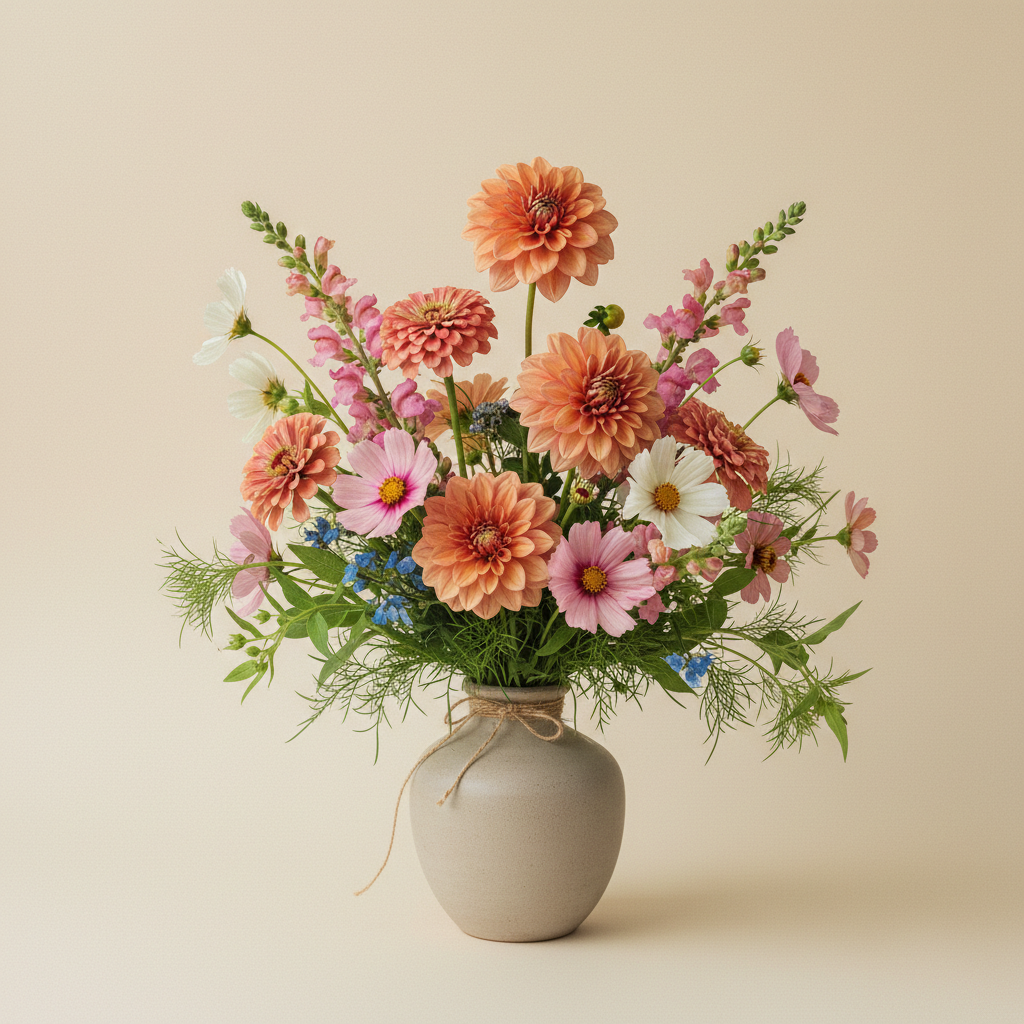Bukett med dahlia, zinnia, cosmos i pastellpalett – handbunden svensk sommarbukett