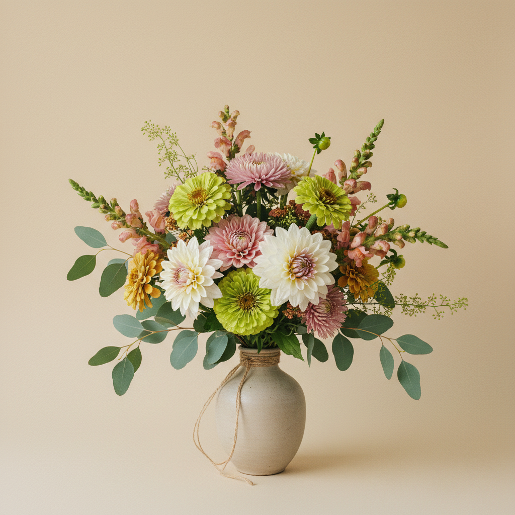 Bukett med dahlia, zinnia, aster i pastellpalett – handbunden svensk sommarbukett