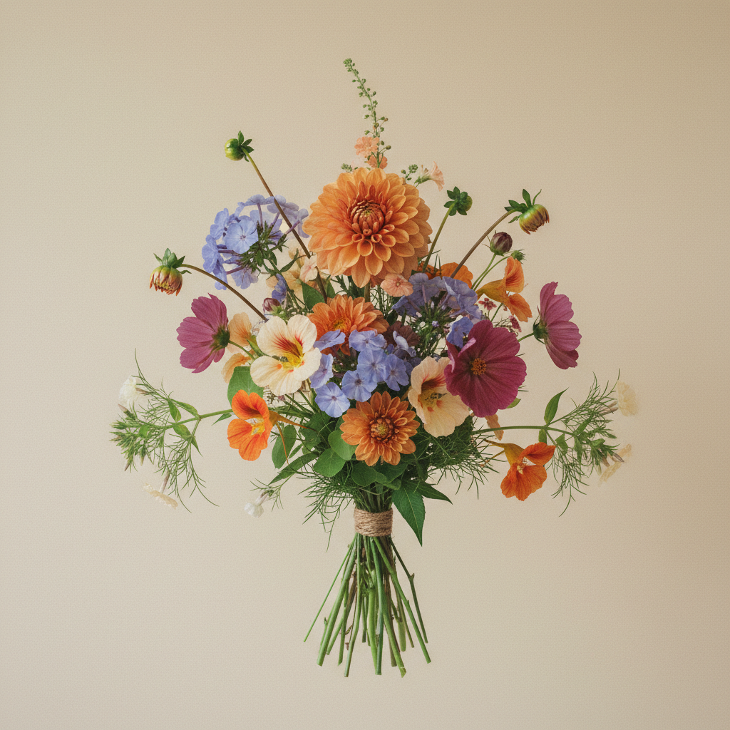 Bukett med dahlia, höstflox, krasse – handbunden svensk sommarbukett