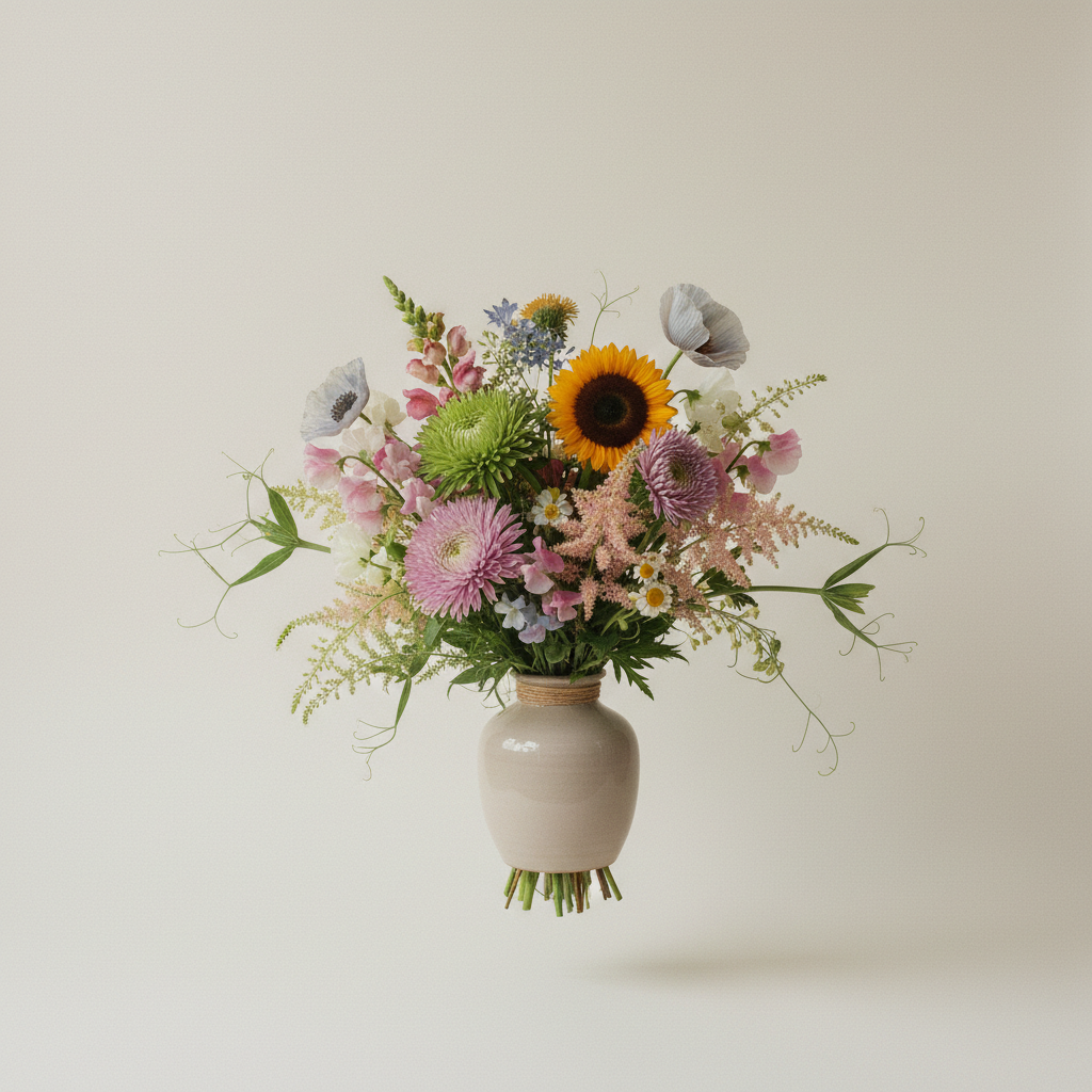 Bukett med aster, solros, vallmo – handbunden svensk sommarbukett