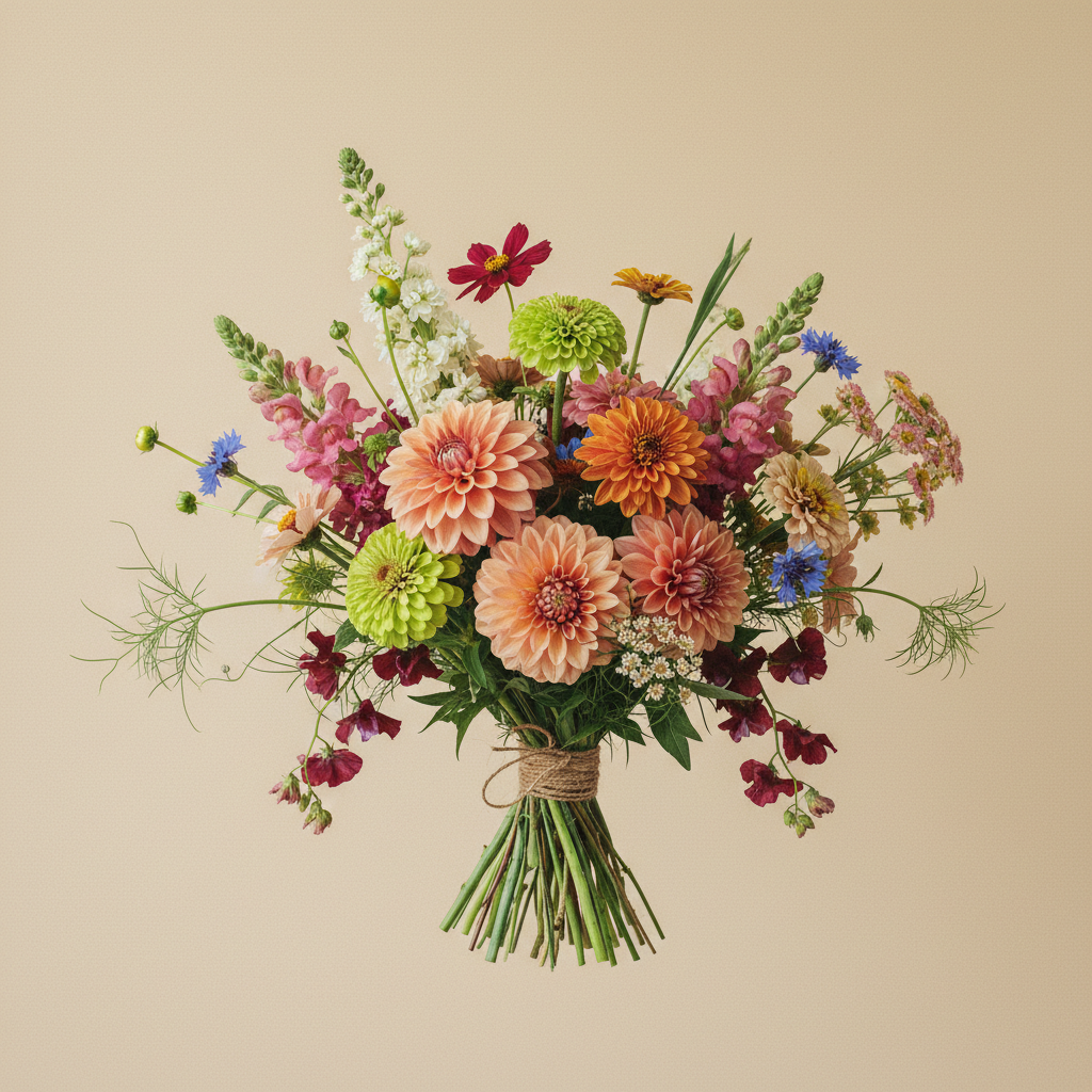 Bukett med zinnia, dahlia, stockros i blandad palett – handbunden svensk sommarbukett