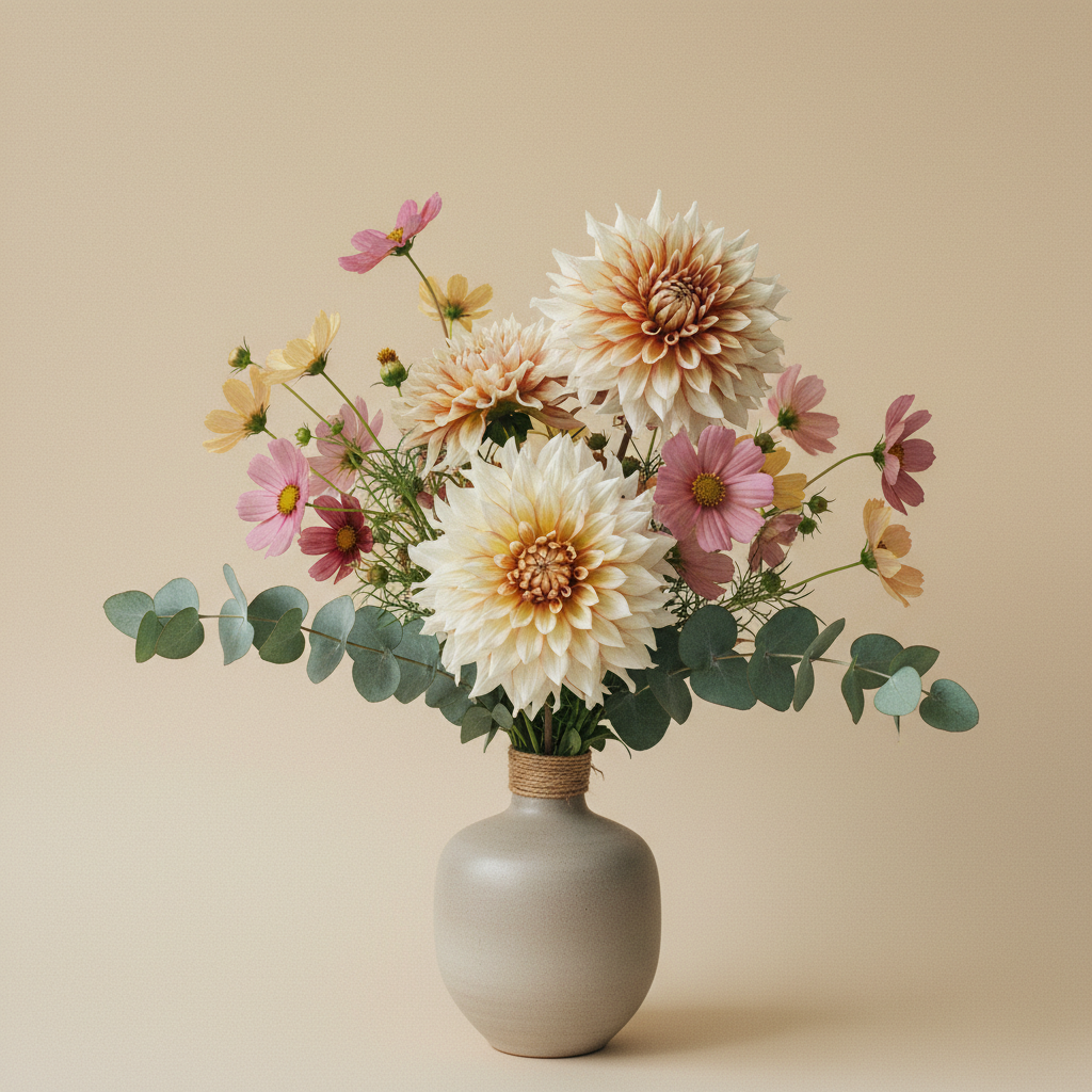 En bukett på 4 blommor med Dahlia 'Cafe au Lait'.