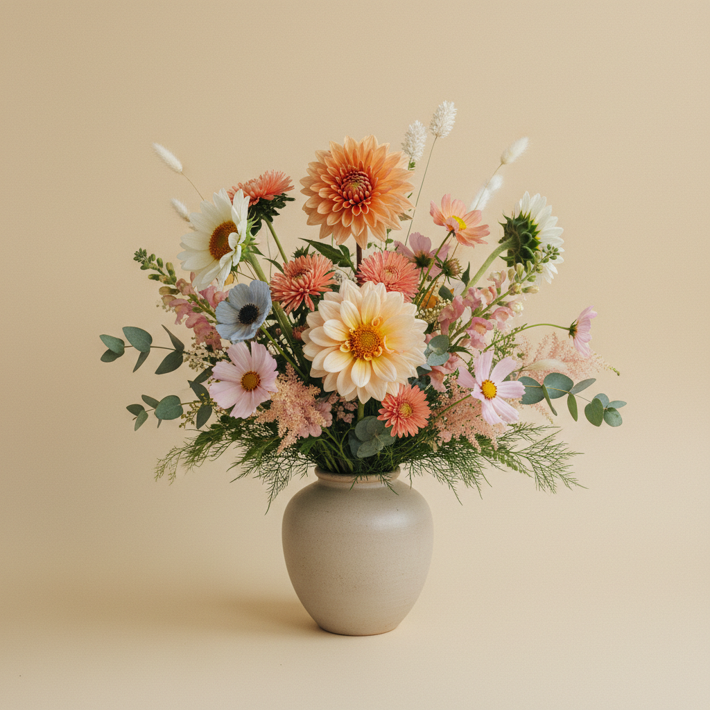 Bukett med dahlia, solros, aster i pastellpalett – handbunden svensk sommarbukett