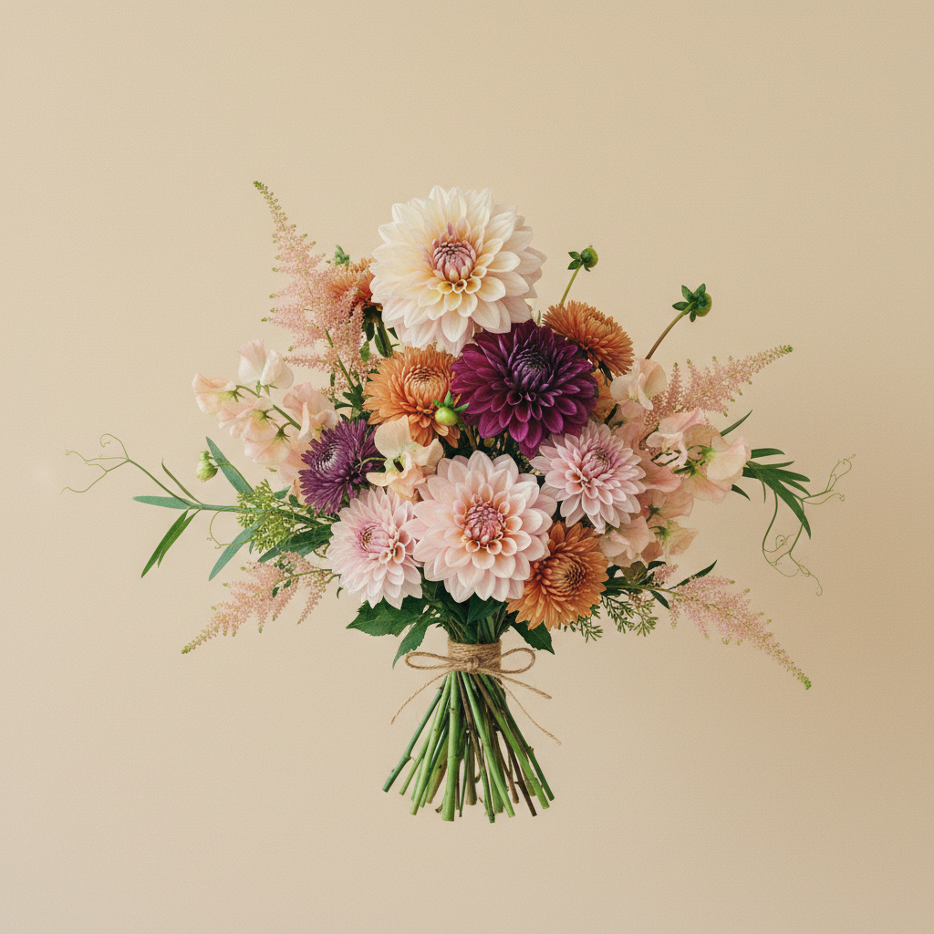 Bukett med dahlia, aster, luktärt – handbunden svensk sommarbukett