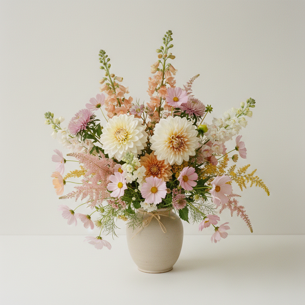 Bukett med dahlia, aster, fingerborgsblomma – handbunden svensk sommarbukett