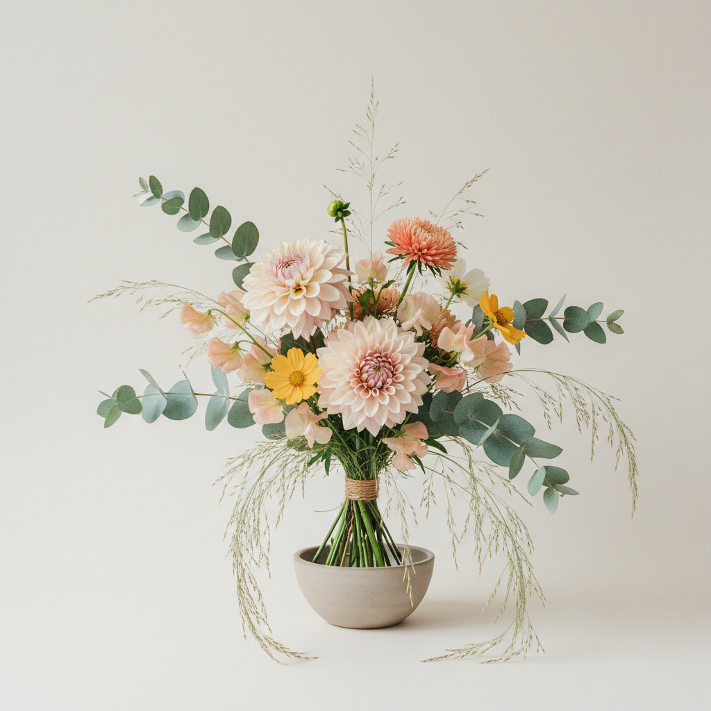 Bukett med dahlia, aster, luktärt i pastellpalett – handbunden svensk sommarbukett