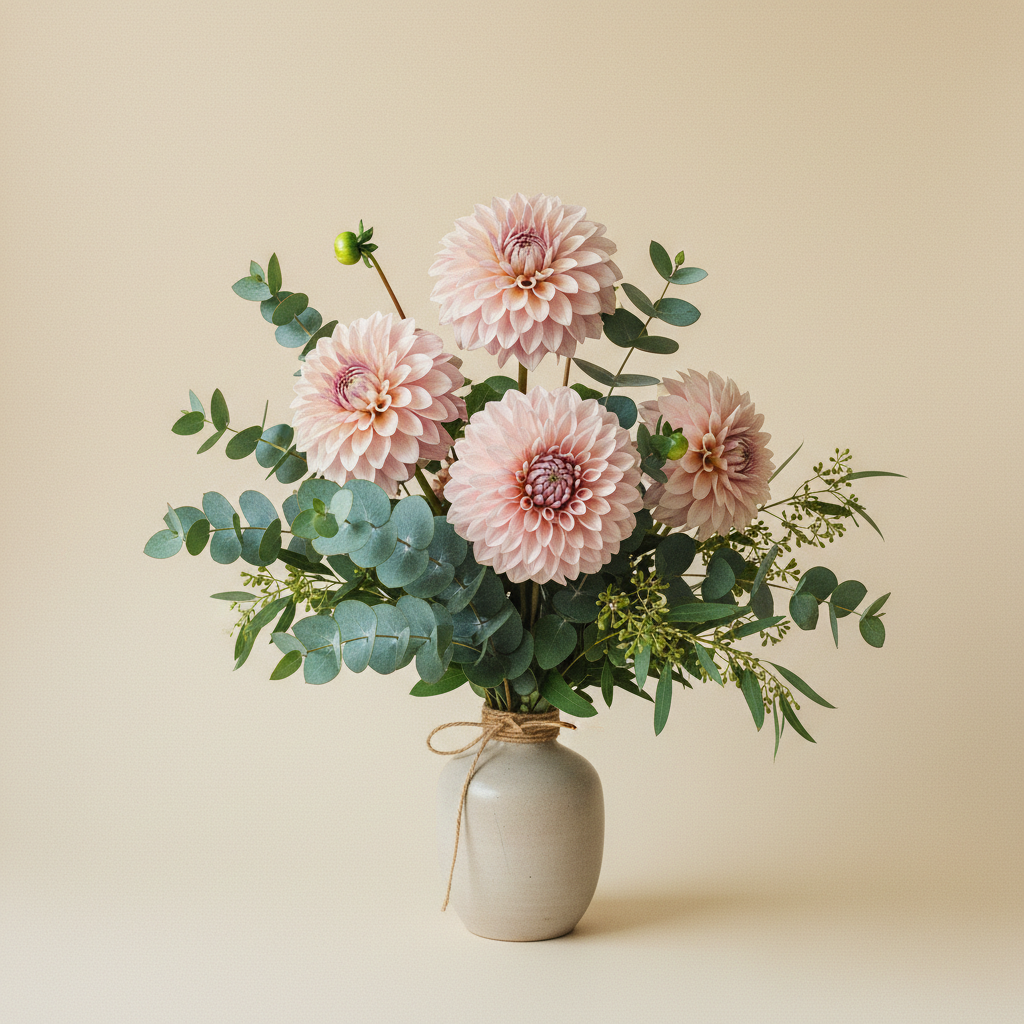 Bukett med dahlia, eucalyptus – handbunden svensk sommarbukett