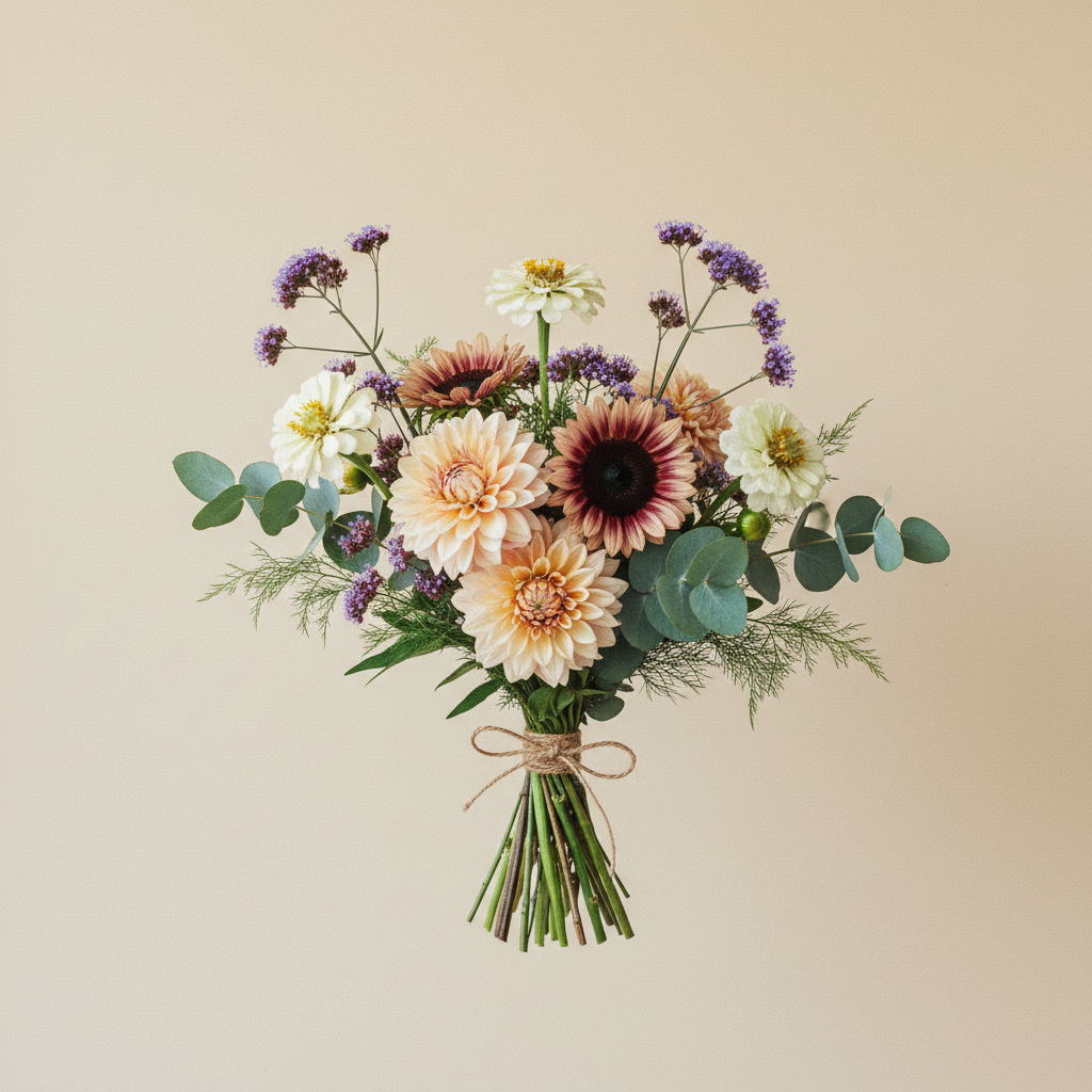 Bukett med zinnia, dahlia, solros – handbunden svensk sommarbukett
