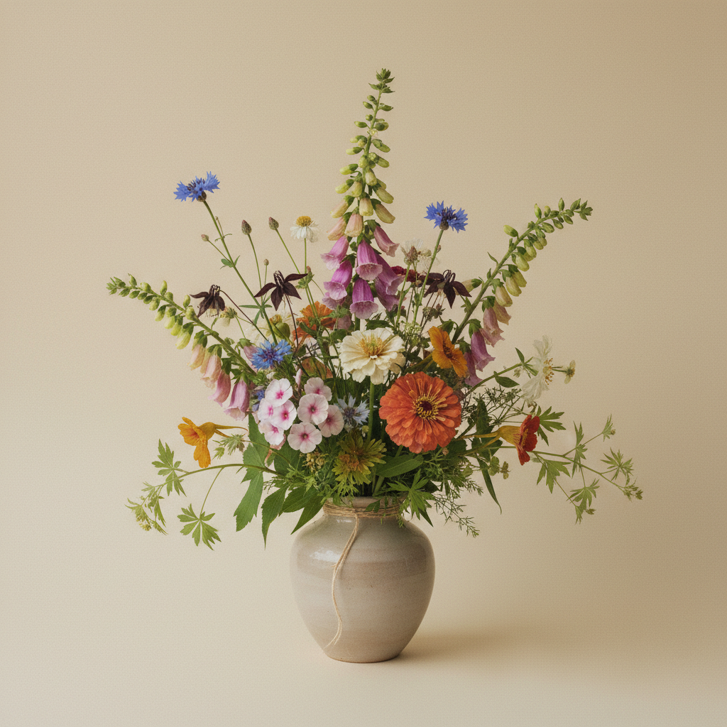 Bukett med höstflox, akleja, fingerborgsblomma – handbunden svensk sommarbukett