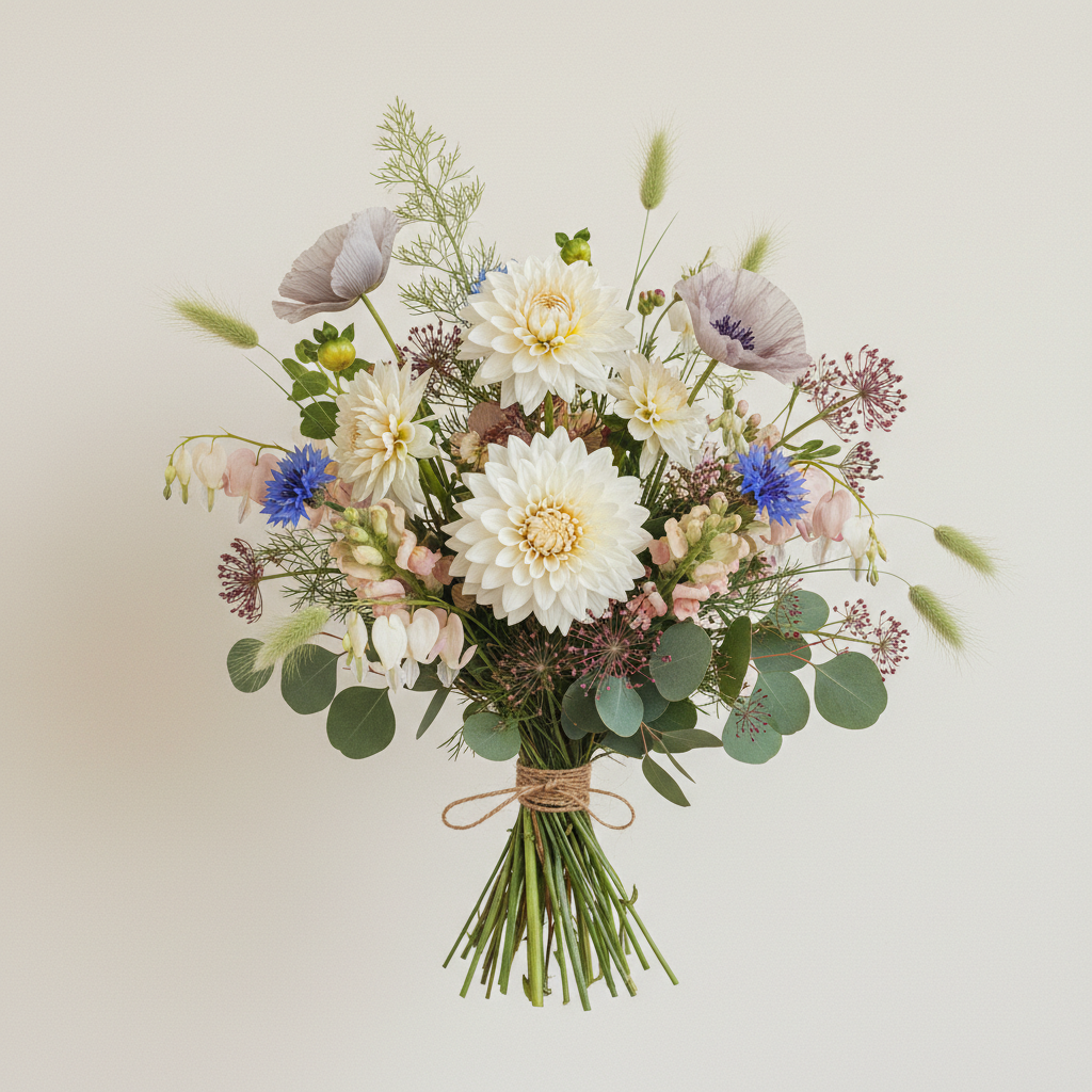 Bukett med dahlia, löjtnantshjärta, vallmo – handbunden svensk sommarbukett