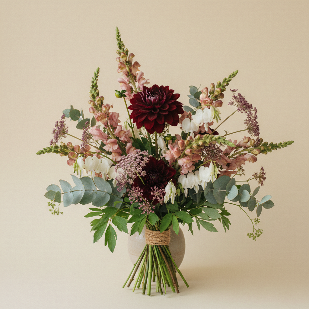Bukett med dahlia, löjtnantshjärta, lejongap – handbunden svensk sommarbukett