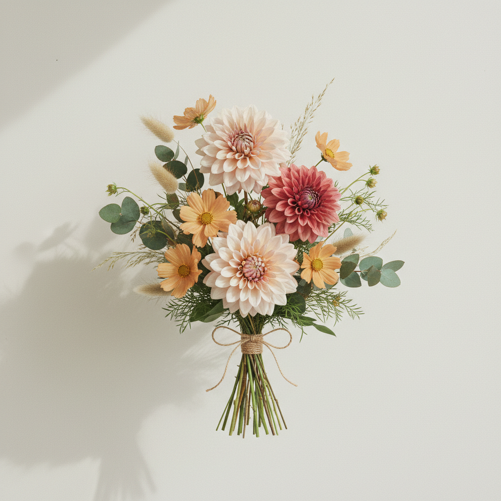 Bukett med dahlia, cosmos, harsvans – handbunden svensk sommarbukett