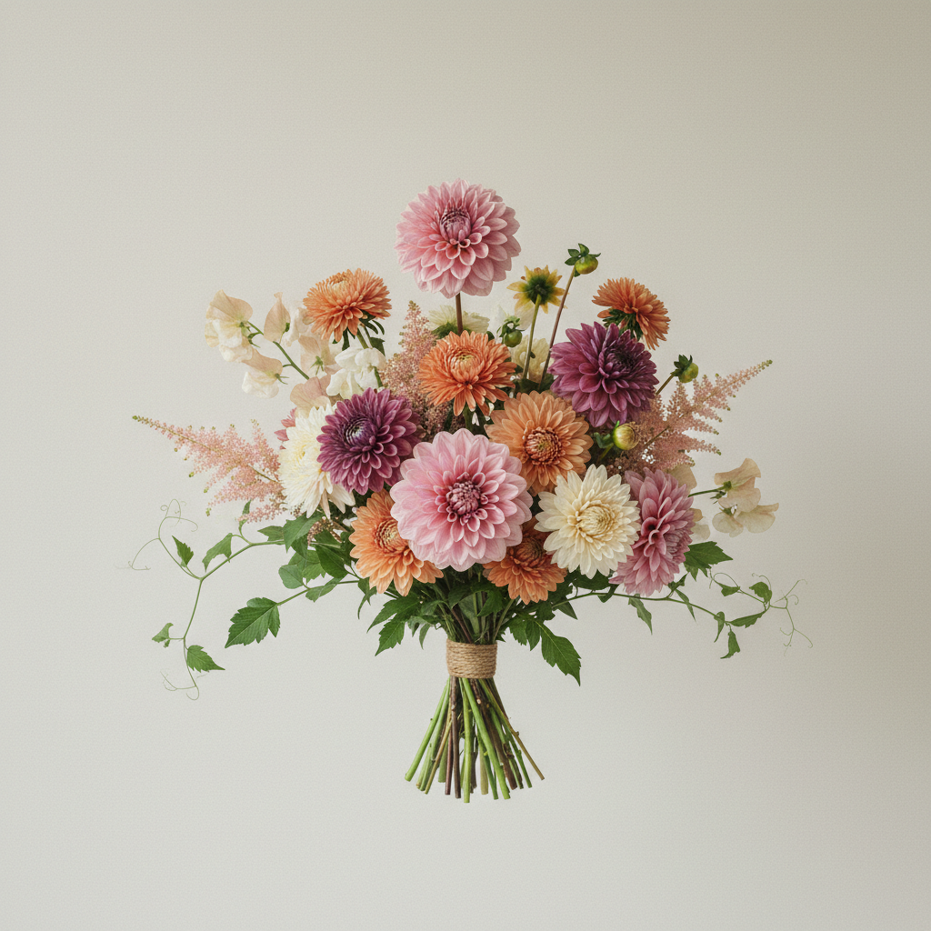 Bukett med dahlia, aster, luktärt – handbunden svensk sommarbukett