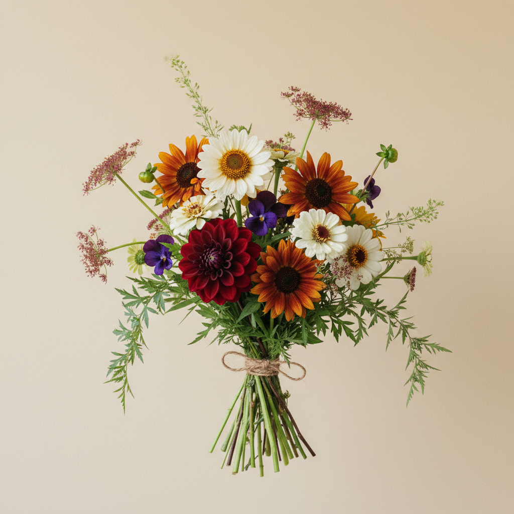 Bukett med dahlia, solros, zinnia – handbunden svensk sommarbukett