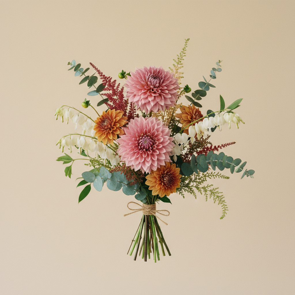 Bukett med dahlia, löjtnantshjärta, astilbe – handbunden svensk sommarbukett