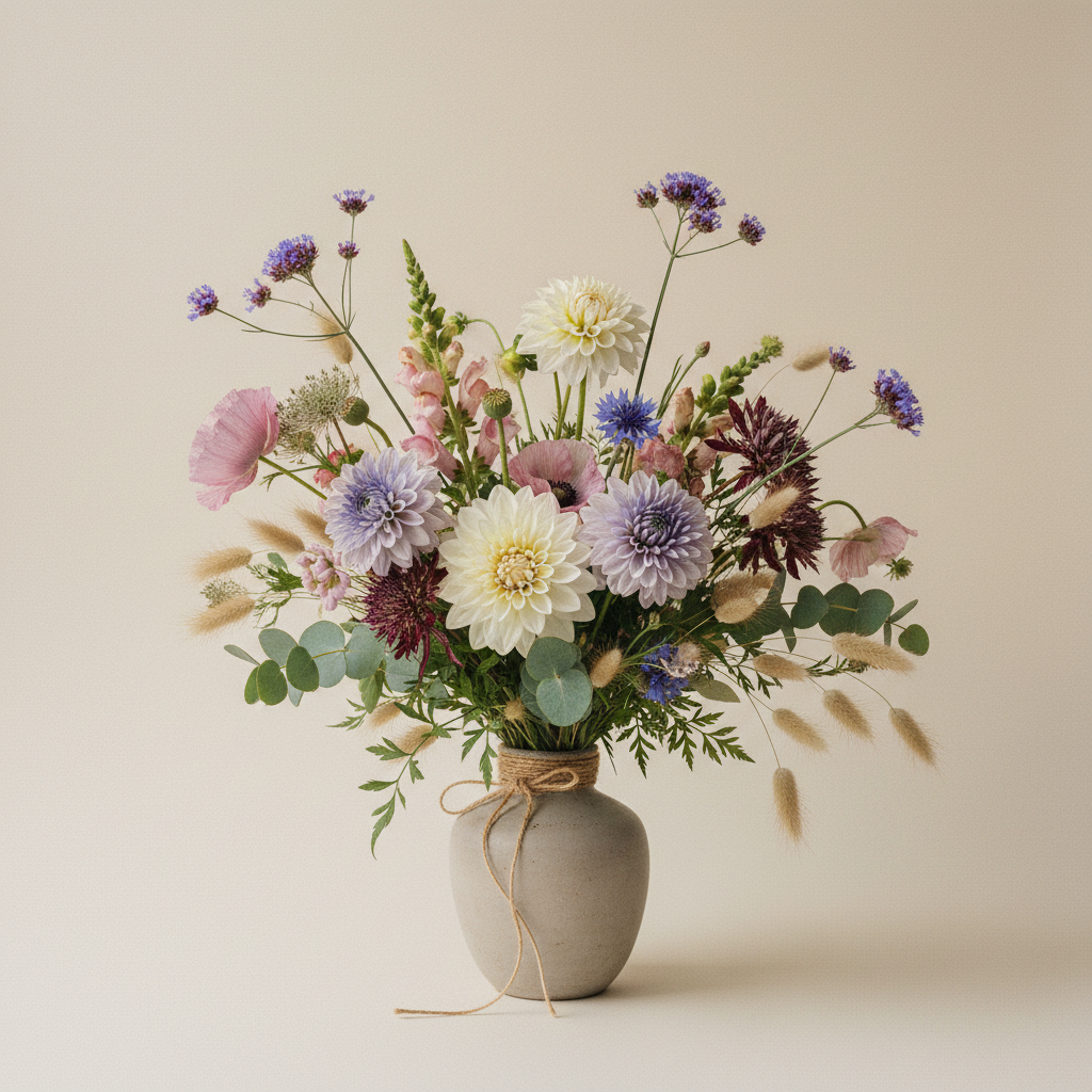 En bukett på 9 blommor med Dahlia 'Eveline', Dahlia 'Blue Bell'.
