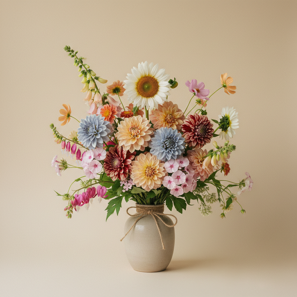 Bukett med dahlia, solros, fingerborgsblomma i pastellpalett – handbunden svensk sommarbukett