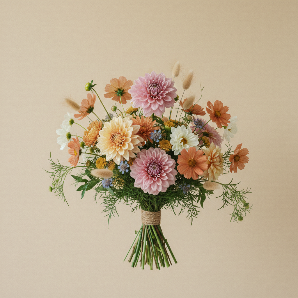 Bukett med dahlia, aster, cosmos – handbunden svensk sommarbukett