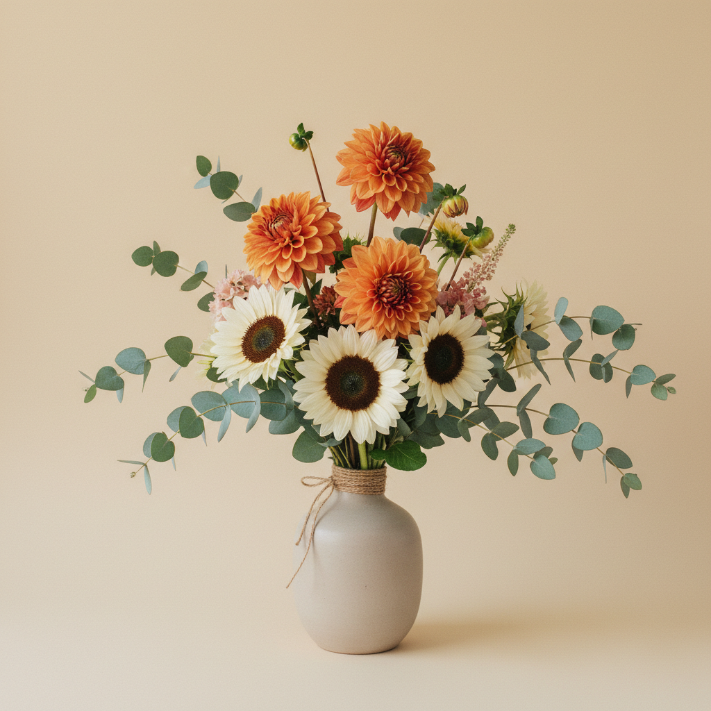 Bukett med dahlia, solros, eucalyptus – handbunden svensk sommarbukett