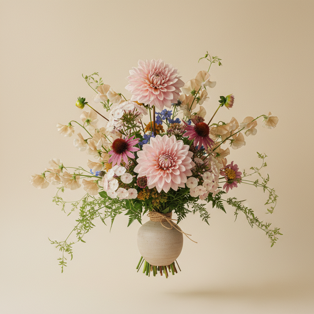 Bukett med dahlia, höstflox, röd – handbunden svensk sommarbukett