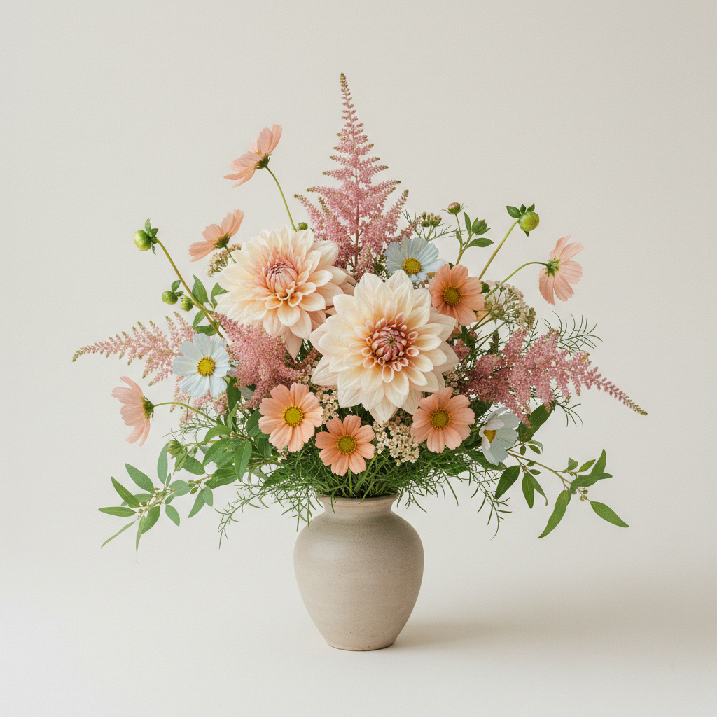 Bukett med dahlia, cosmos, rölleka – handbunden svensk sommarbukett