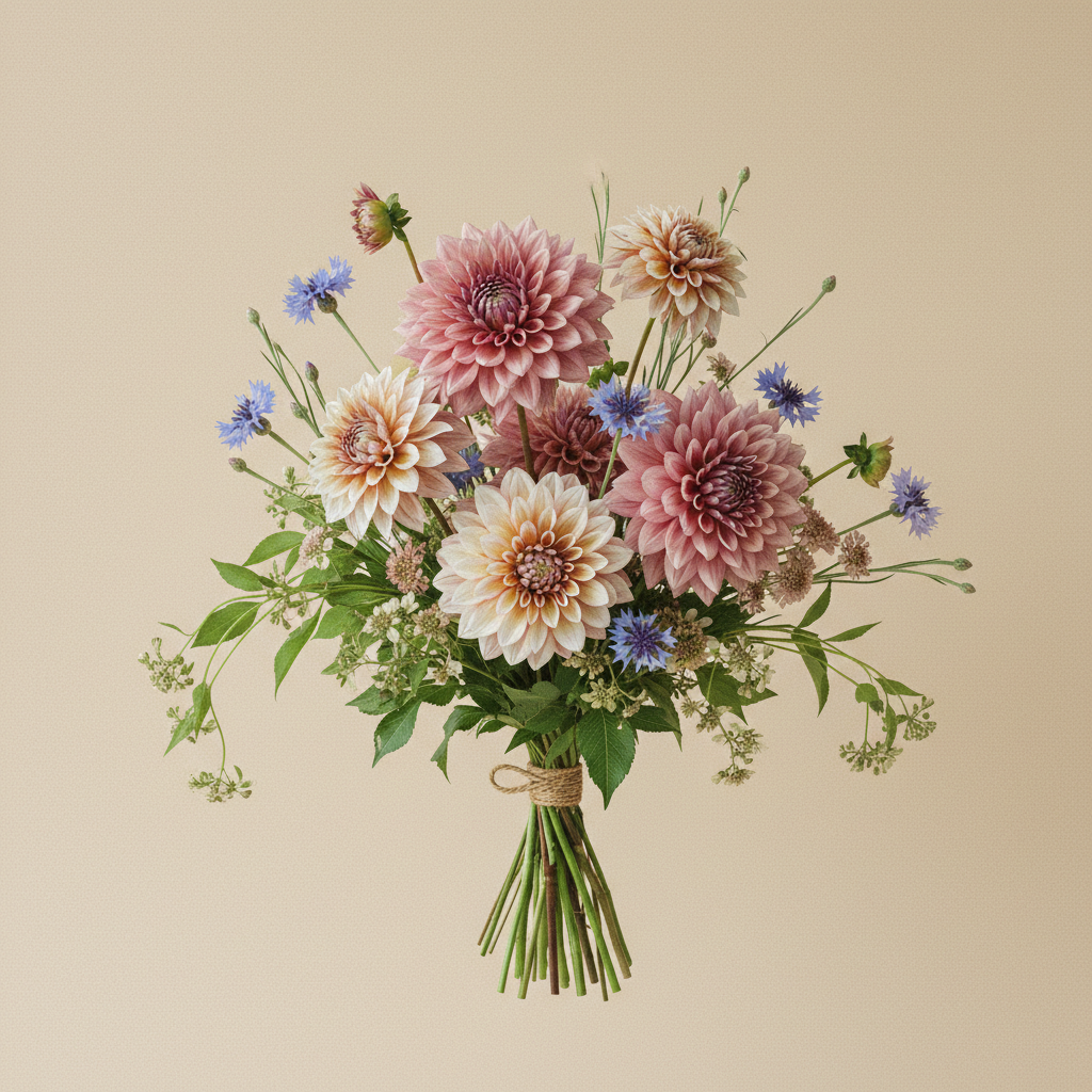 Bukett med dahlia, kornblomma – handbunden svensk sommarbukett
