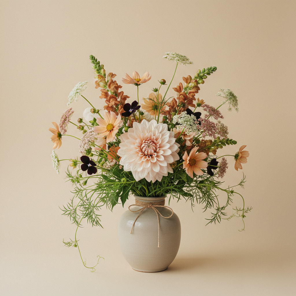 Bukett med dahlia, cosmos, lejongap – handbunden svensk sommarbukett