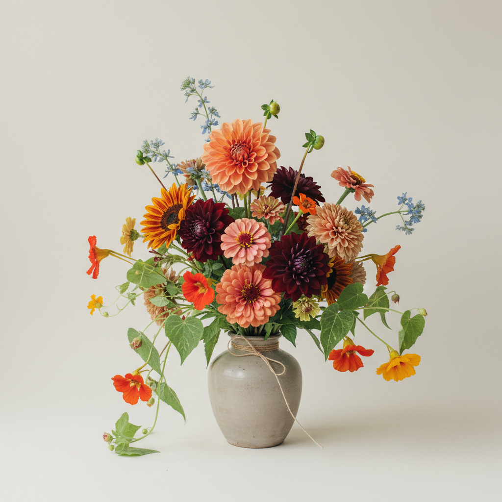 Bukett med dahlia, zinnia, solros – handbunden svensk sommarbukett