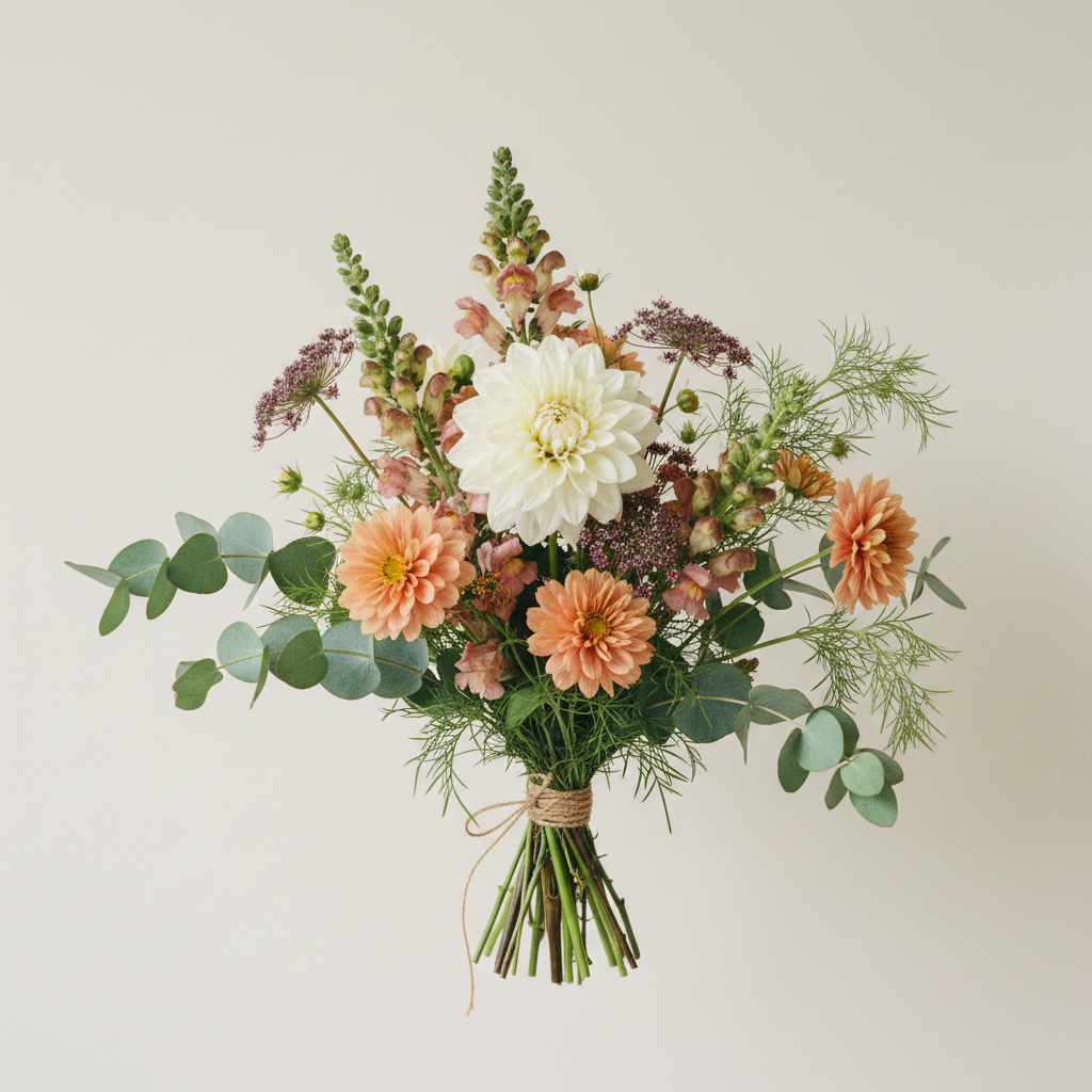 En bukett på 5 blommor med Dahlia 'Eveline'.