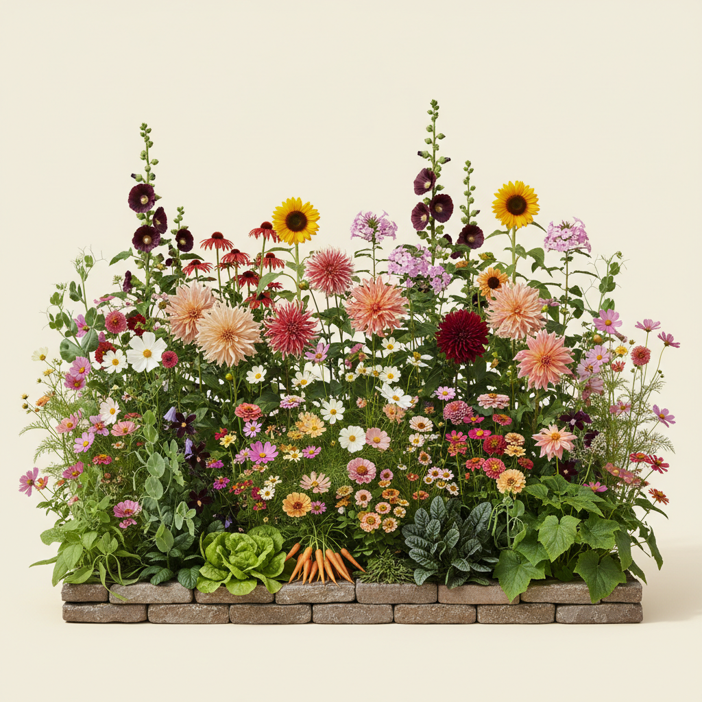 Rabatt med dahlia, zinnia, cosmos i full sol – 60 m² blandad rabatt