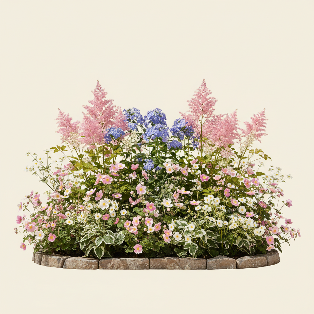 Rabatt med astilbe, höstflox, anemon i full sol – 3 m² perennrabatt