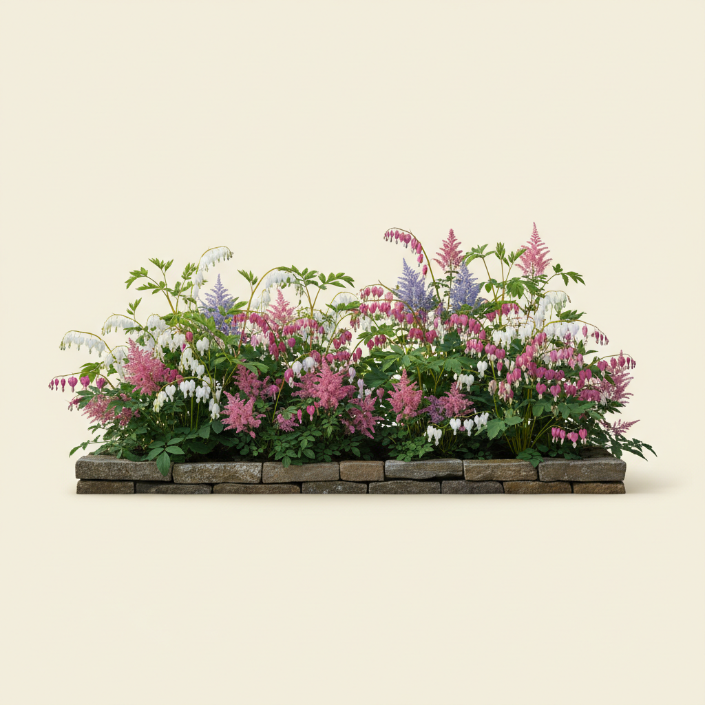 Rabatt med löjtnantshjärta, astilbe i halvskugga – 2 m² perennrabatt