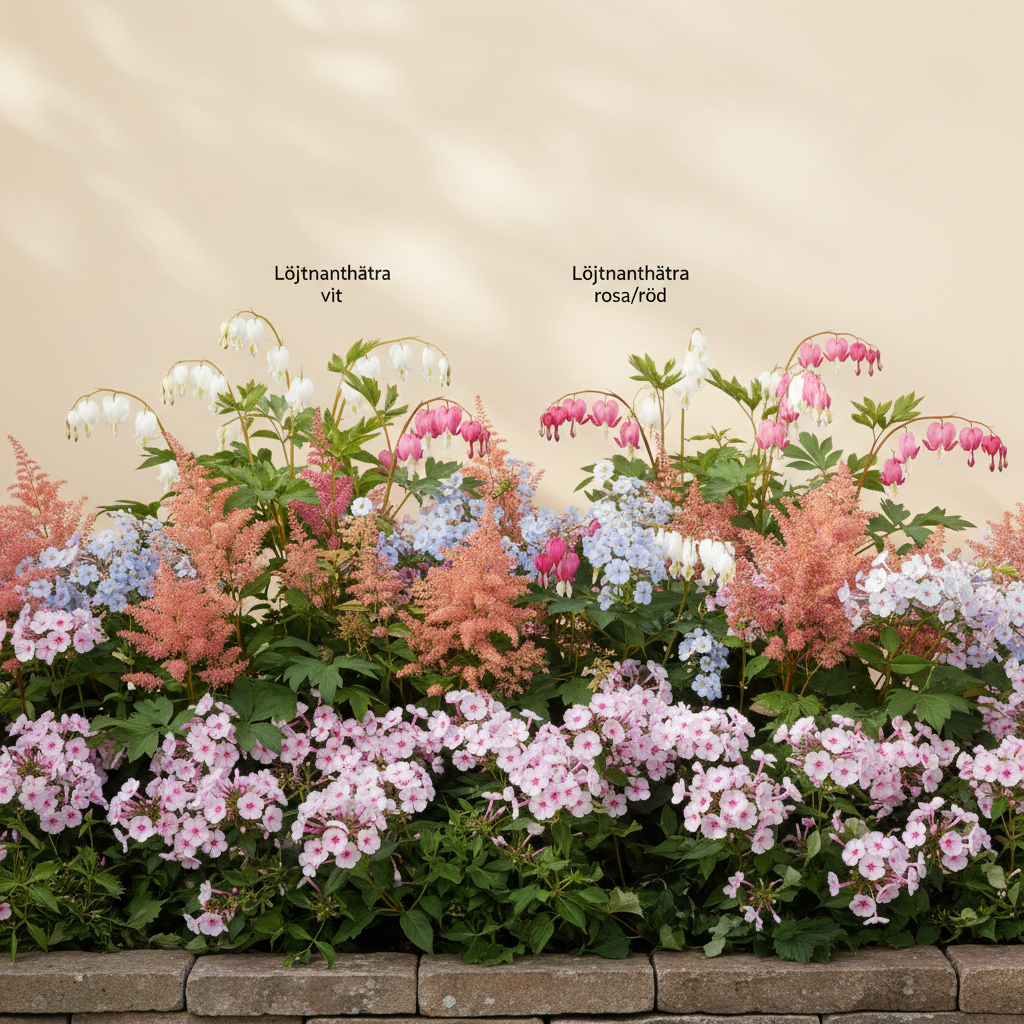 Rabatt med löjtnantshjärta, astilbe, höstflox i halvskugga – 4 m² perennrabatt