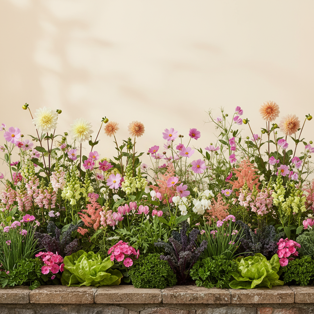 Rabatt med dahlia, rosenskära, luktärt i halvskugga – 60 m² blandad rabatt