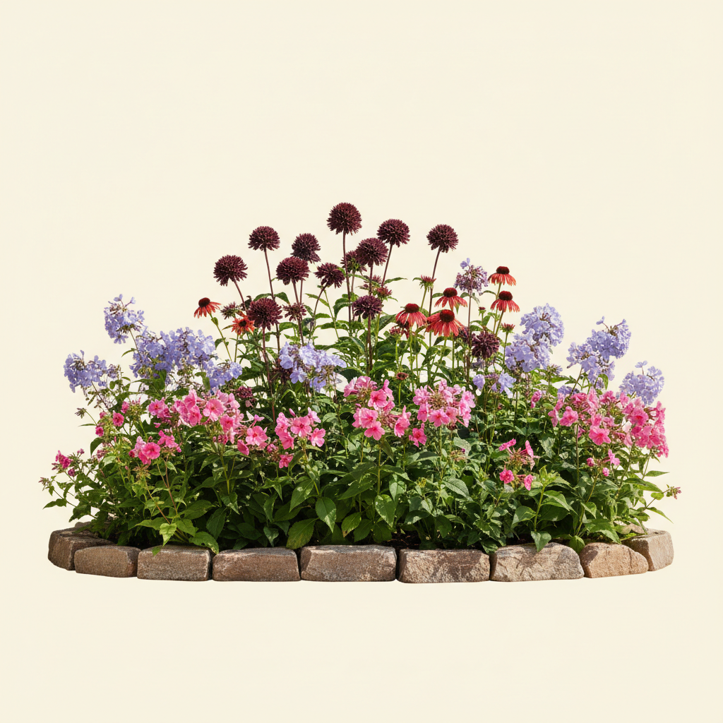 En liten 3 m² bädd i full sol — planerad för barrotsplantor. Här samsas Höstflox 'Brilliant Eye', Akleja 'Black Barlow', Röd solhatt 'Double Decker' och Höstflox 'Blue Paradise', valda för att trivas tillsammans.