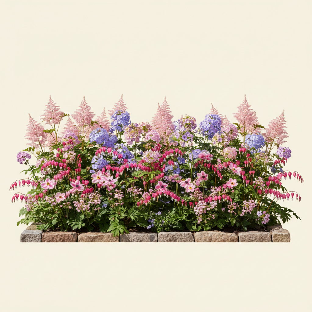 En liten 8 m² bädd i full sol — planerad för barrotsplantor. Här samsas Astilbe japonica 'Europa', Höstflox 'Amethyst', Höstflox 'Sherbet Blend', Löjtnantshjärta rosa/röd och Anemone 'Mistral Tigre', valda för att trivas tillsammans.