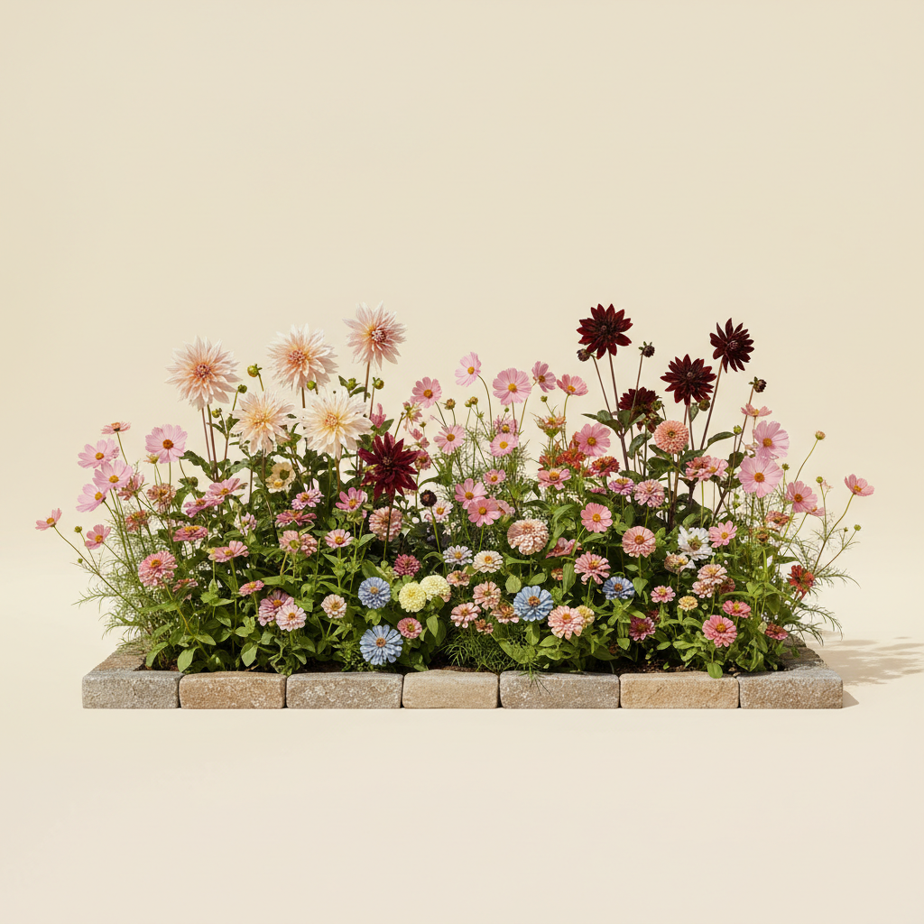 Rabatt med dahlia, zinnia, cosmos i full sol – 2 m² snittblomsterbädd