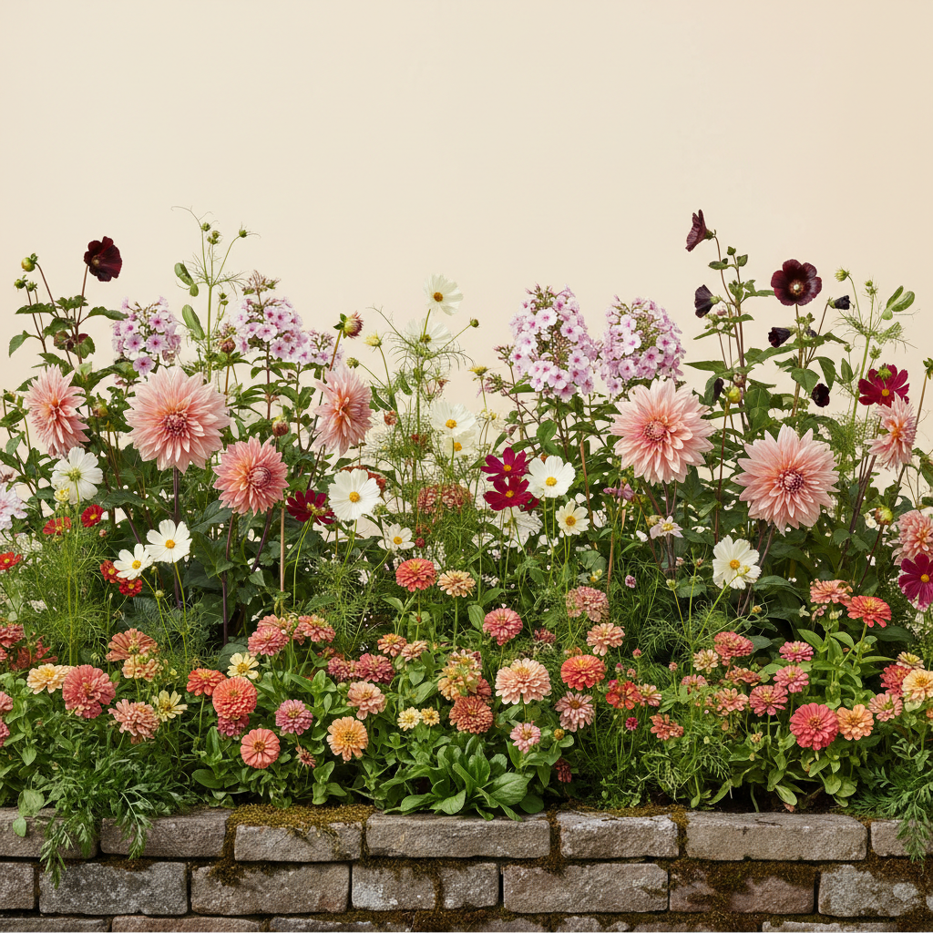 Rabatt med dahlia, zinnia, cosmos i full sol – 12 m² blandad rabatt