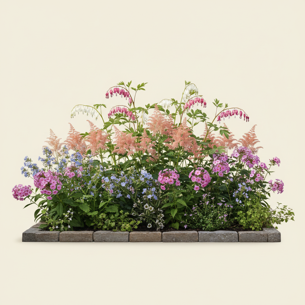 Rabatt med löjtnantshjärta, astilbe, höstflox i halvskugga – 4 m² perennrabatt