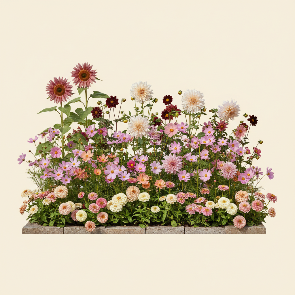 Rabatt med dahlia, zinnia, cosmos i full sol – 5 m² snittblomsterbädd