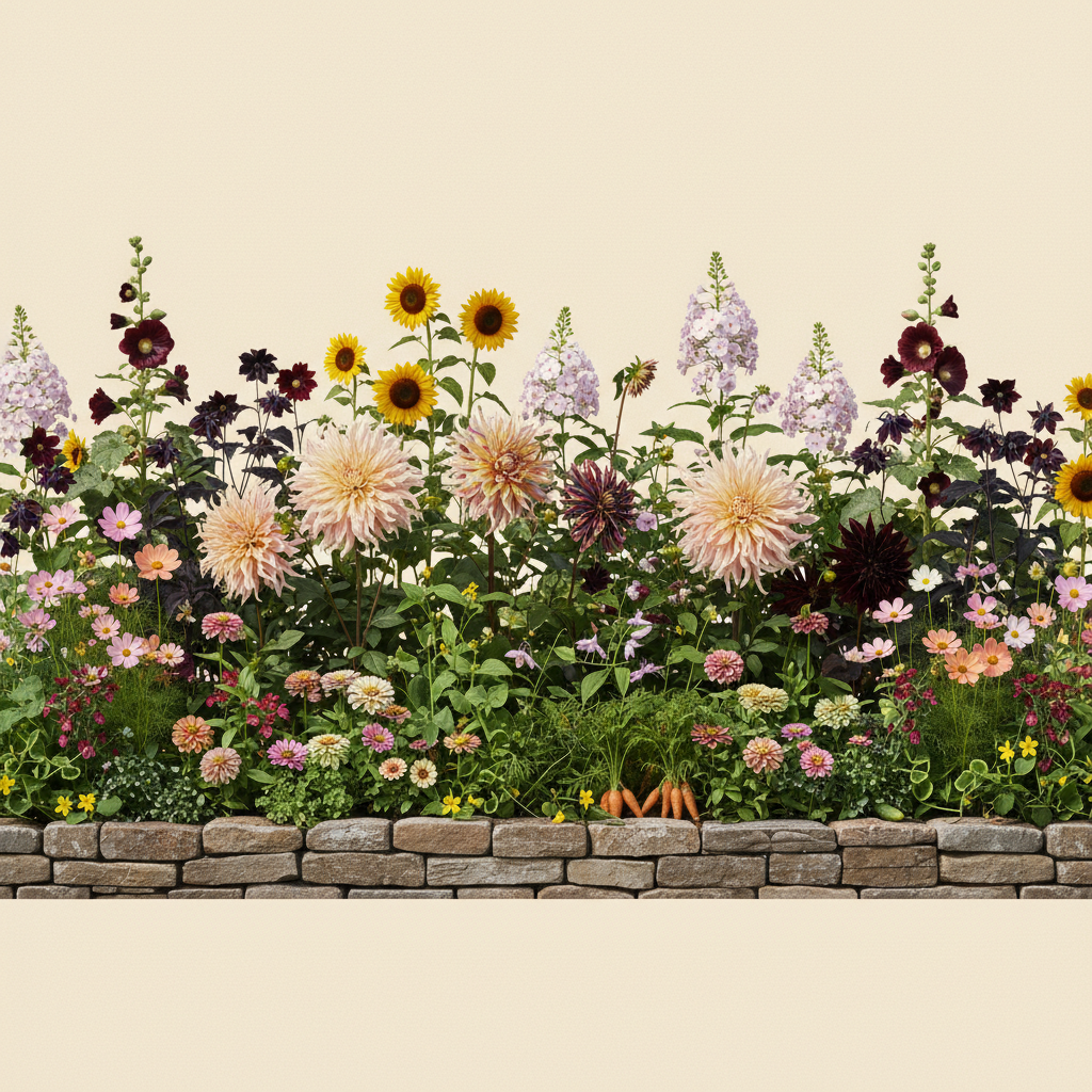 Rabatt med dahlia, zinnia, cosmos i full sol – 40 m² blandad rabatt