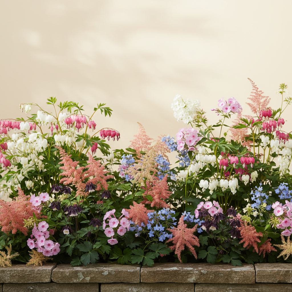 Rabatt med löjtnantshjärta, astilbe, höstflox i halvskugga – 6 m² perennrabatt