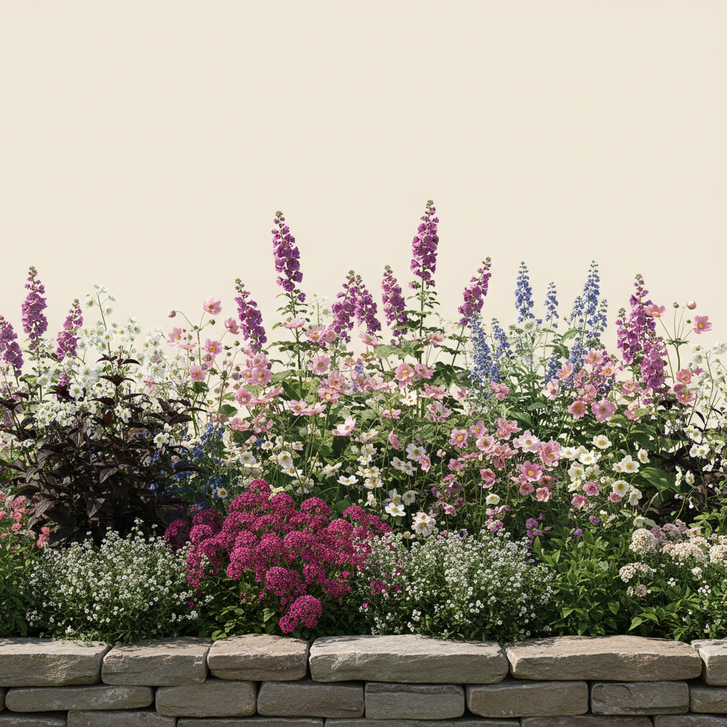 En liten 8 m² bädd i full sol — planerad för barrotsplantor. Här samsas Brunnäva 'Samobor', Stockros 'Chater's Double Purple', Anemone 'Levante Rosa', Näva 'Max Frei' och Anemone 'Fullstar Mix', valda för att trivas tillsammans.