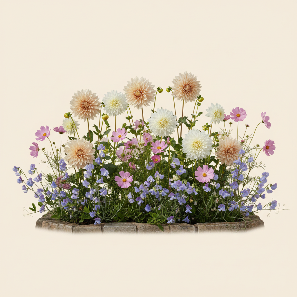 Rabatt med dahlia, rosenskära, luktärt i halvskugga – 2 m² snittblomsterbädd