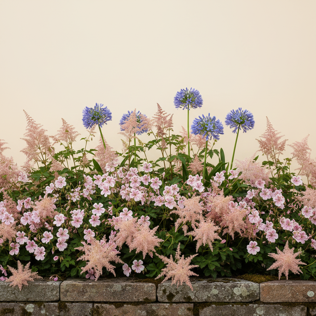 Rabatt med agapanthus, näva, astilbe i skugga – 2 m² perennrabatt