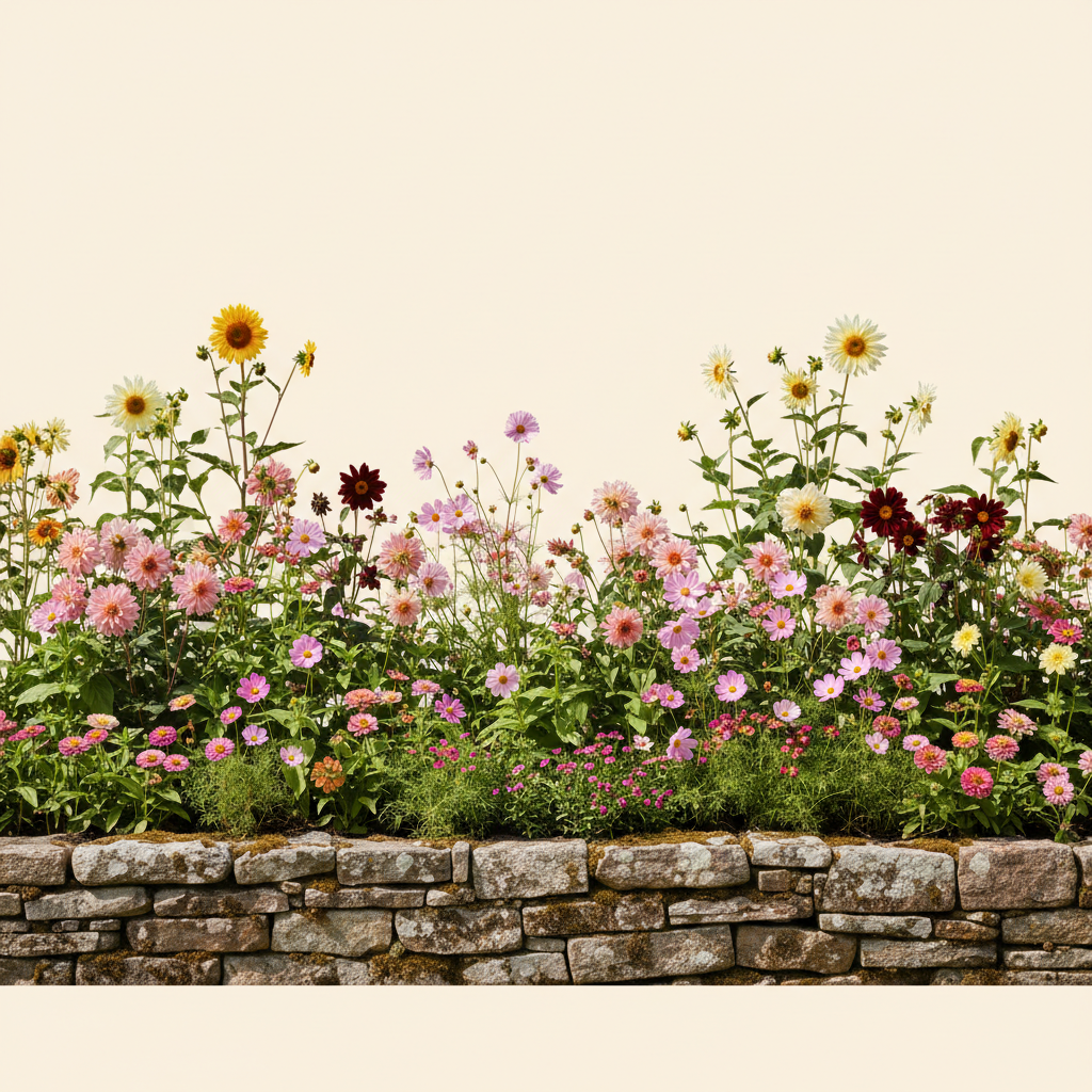 Rabatt med dahlia, zinnia, cosmos i full sol – 8 m² snittblomsterbädd