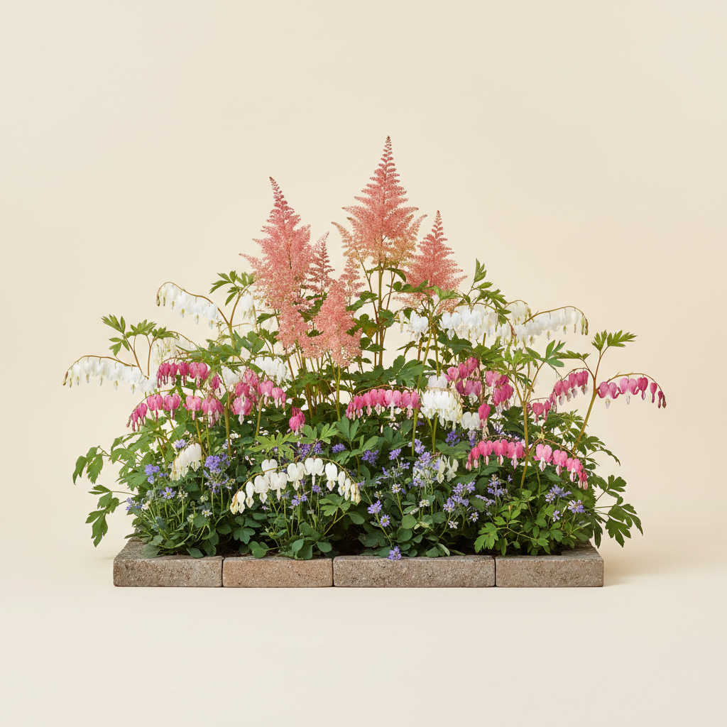 Rabatt med löjtnantshjärta, astilbe i skugga – 1 m² perennrabatt