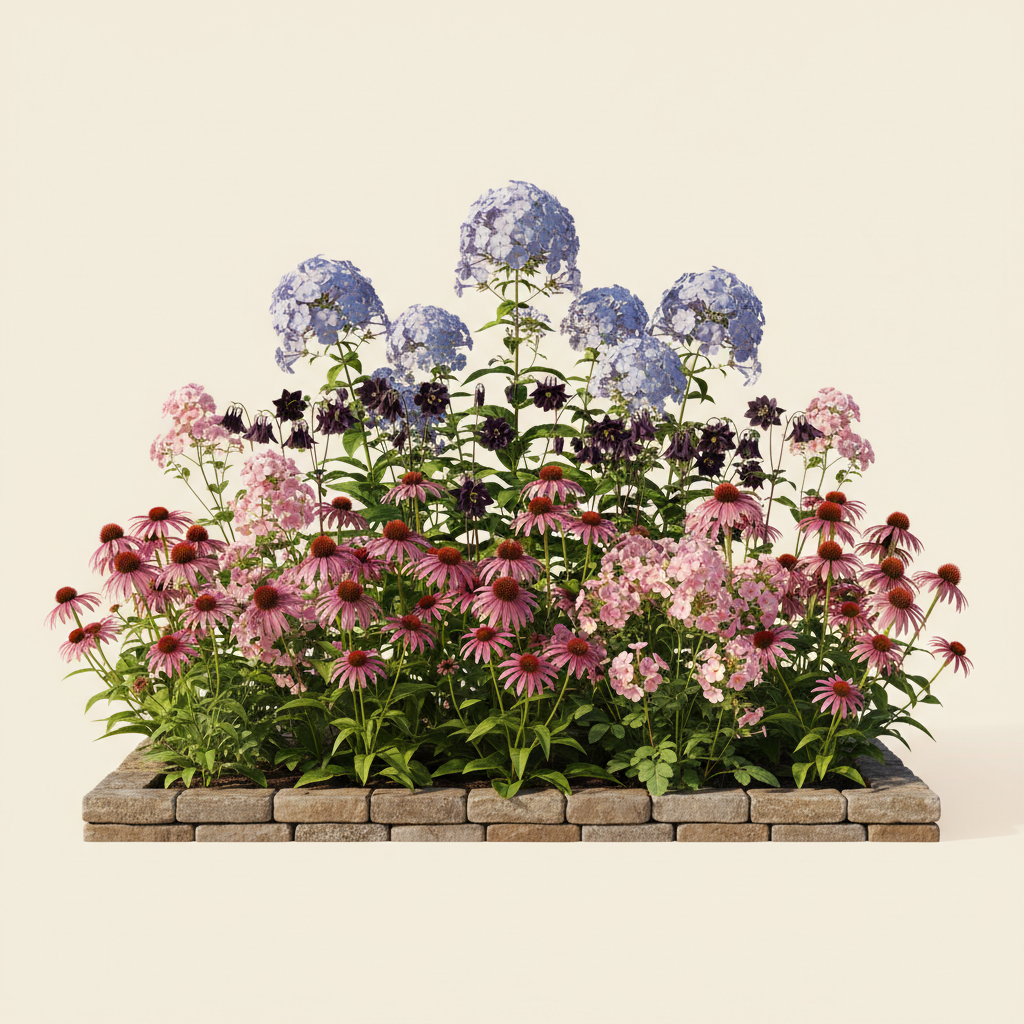 En liten 4 m² bädd i full sol — planerad för barrotsplantor. Här samsas Höstflox 'Brilliant Eye', Akleja 'Black Barlow', Röd solhatt 'Double Decker' och Höstflox 'Blue Paradise', valda för att trivas tillsammans.